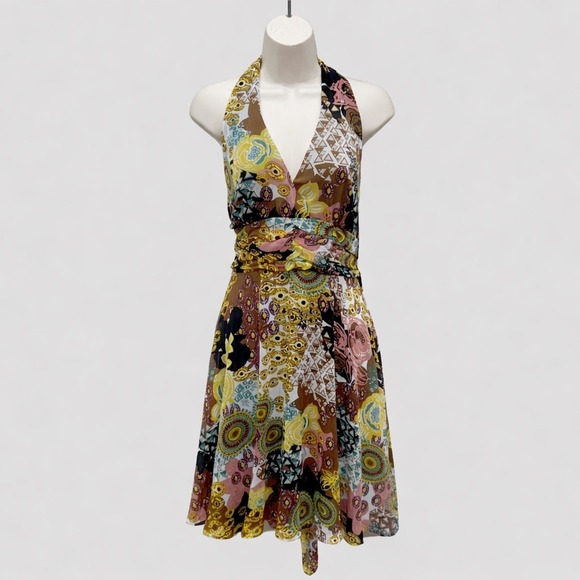 Scarlett Dresses & Skirts - VTG Scarlett Y2K Patchwork Halter Neck Overlay Dress Size 8 Midi Boho Festival